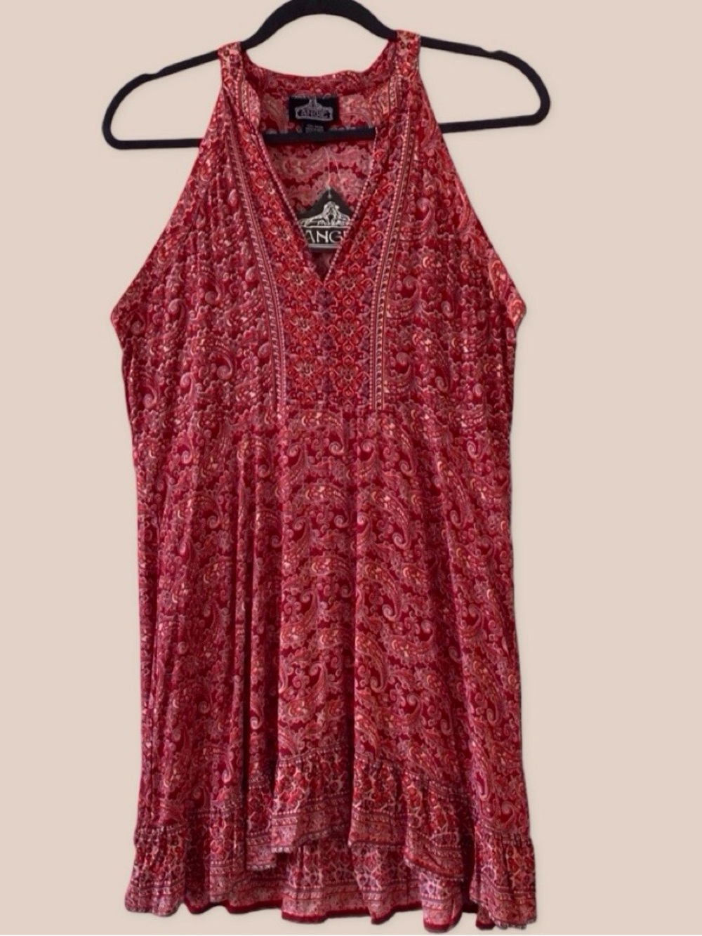 Angie Red Paisley V-Neck Halter Mini Dress Women's, Size L, Boho summer